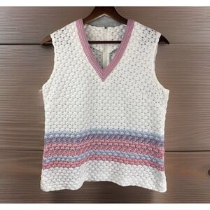 Vintage 1960s Tank Top S/M Shell Bubble Knit Tank Pink White Stripe Tennis